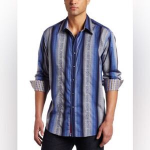 Robert Graham Blue Stripe Embroidered Button Down Dress Shirt Size L